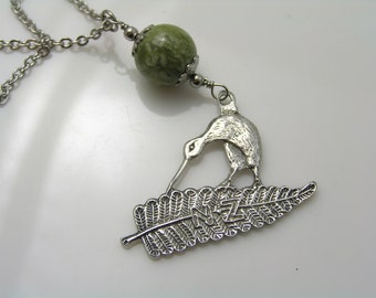 Greenstone Bowenite Kiwi Necklace, New Zealand Jewelry, Fernleaf Pendant, Aotearoa, Gift for Friend,  N1676