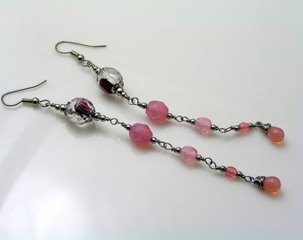 Long Pink Crystal Earrings, Wire Wrapped Jewelry, Beaded Earrings Handmade, E994