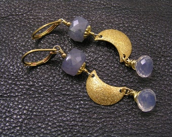 Golden Moon Earrings with Iolite and Ice Quartz, Crescent Moon Earrings, Moon Jewelry, Iolite Earrings, Ice Quartz Earrings, E2086