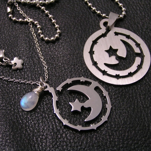 Matching Couple Necklaces with Moonstone and Moon Pendants, N1484