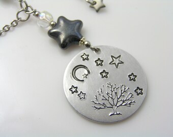 Hand Stamped Tree of Life Necklace, Engraved Jewelry, Genuine Hematite Star, Moonstone, Gift Idea, Inspirational, N1995