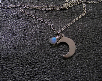 Moonstone Necklace, Crescent Moon Pendant with Rainbow Moonstone, Half Moon Charm, N1390