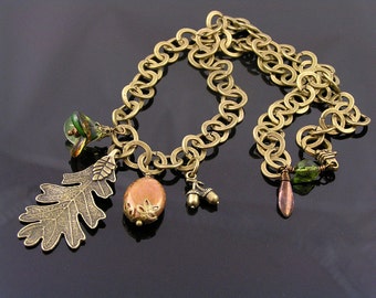 Forest Charm Necklace, Large Chain with Oak Leaf Charm, Czech Glass Beads, Bohemian Jewelry, Statement Necklace, N752