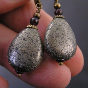 Pyrite and Garnet Earrings, Brass Jewelry, Pyrite Jewels, Handmade, Wire Wrapped, E2103 image 4