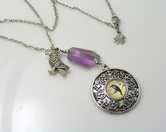 Magical Raven Necklace with Faceted Amethyst, Bird Jewelry, Raven Pendant, February Birthstone, Gift Idea, N1190