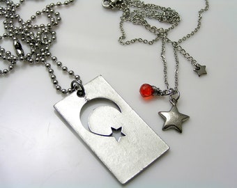 Couple Necklaces, Crescent Moon Dog Tag and Star, Matching Boyfriend Girlfriend Jewelry, N932