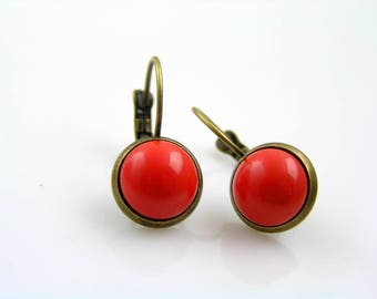 Red Earrings, Czech Glass Beads, Small Bronze Lever Back, Coral Glass Cabochons, E1895