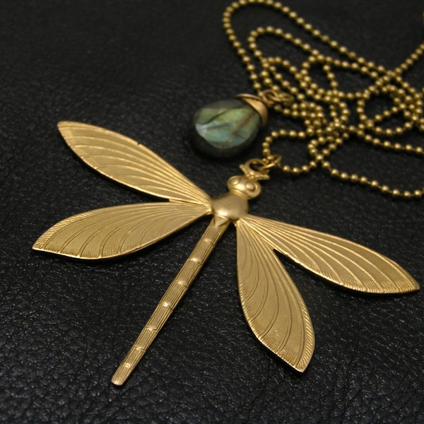 Dragonfly Necklace with Labradorite, Animal Jewelry, Pendant Necklace, Gift for Her, 60cm or 24 inches long solid brass chain, N1602