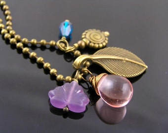 Charm Necklace with Pink and Purple Beads, Leaf and Spiral Pendants, Czech Glass , Gift Idea, Reduced Price, N1502