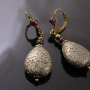 Pyrite and Garnet Earrings, Brass Jewelry, Pyrite Jewels, Handmade, Wire Wrapped, E2103 image 3