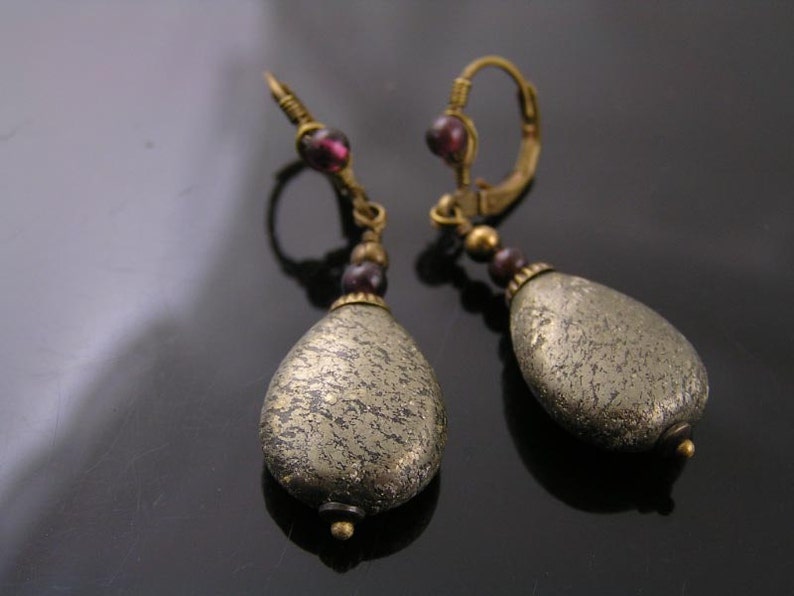 Pyrite and Garnet Earrings, Brass Jewelry, Pyrite Jewels, Handmade, Wire Wrapped, E2103 image 3