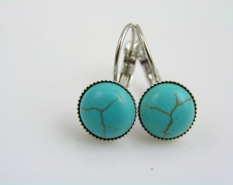 Turquoise Earrings, Howlite Earrings, Silver Sleeper Earrings, Turquoise and Silver Earrings, Turquoise colored Cabochon Earrings, E555