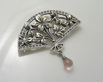Large Pink Quartz Brooch, Gemstone Pin, Gem Jewelry, Silver Fan Brooch, Gift Idea, Mystic Quartz, P265