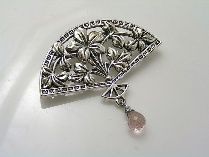 Large Pink Quartz Brooch, Gemstone Pin, Gem Jewelry, Silver Fan Brooch, Gift Idea, Mystic Quartz, P265 image 1