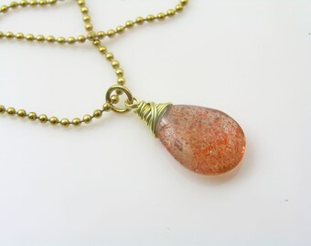 Sunstone Necklace, Wire Wrapped Pendant, Handmade Gem Jewelry, Natural Stone, Golden Solid Brass, N2168