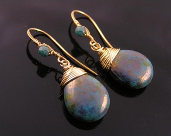 Czech Bead Earrings, Gold and Blue, Gold Jewelry, Gift for Her, One of a Kind Handmade, Australian Shops, E1999