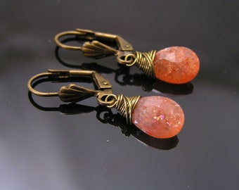 Sunstone Earrings, Wire Wrapped Handmade, Gemstone Jewelry, Natural Stones, Orange, E1526