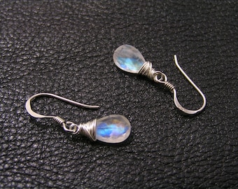 Rainbow Moonstone Earrings in Sterling Silver, Silver Filled, Moonstone Jewelry, Wire Wrapped Gem Earrings Handmade, E2160