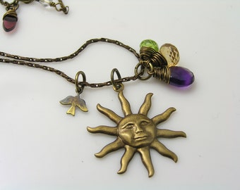 Sun Necklace, Amethyst, Peridot, Citrine and Garnet, Handmade, One of a Kind, Gemstones and  Sun Pendant, Summer Jewelry, N560