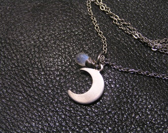 Moonstone Necklace, Crescent Moon Pendant with Rainbow Moonstone, Half Moon Charm, N1390