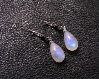 Rainbow Moonstone Earrings, Hoop Earrings, Handmade Earrings, Moonstone Jewelry, Single Stone Earrings, Silver Earrings Moonstone, E2127s