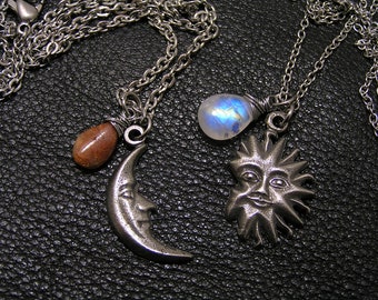 Matching Couple Necklaces, Couple Gifts, Sun and Moon Necklace Set, Sunstone and Moonstone, Boyfriend Girlfriend, N1515