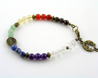 Chakra Bracelet, Gemstone Bracelet in Chakra Colors, Tree of Life Charm Bracelet, Handmade Chakra Gemstone Bracelet, Gemstone Jewelry, B269