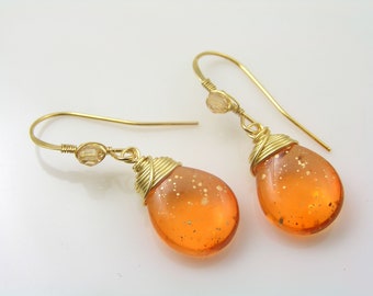 Golden Glass Drop Earrings, Wire Wrapped, Gold and Orange Dangle Earrings, Czech Glass Beads, E1997