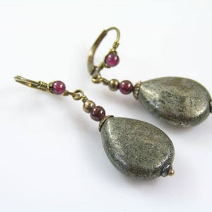 Pyrite and Garnet Earrings, Brass Jewelry, Pyrite Jewels, Handmade, Wire Wrapped, E2103 image 1