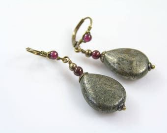 Pyrite and Garnet Earrings, Brass Jewelry, Pyrite Jewels, Handmade, Wire Wrapped, E2103