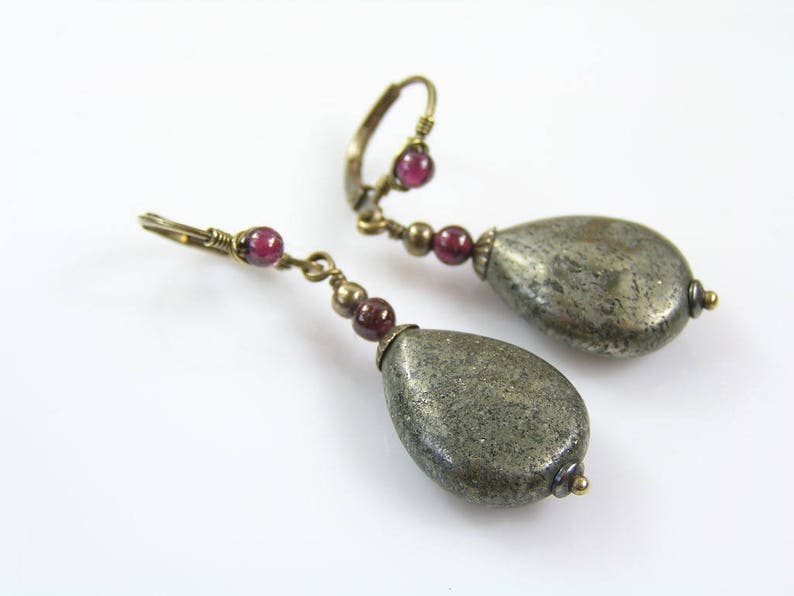 Pyrite and Garnet Earrings, Brass Jewelry, Pyrite Jewels, Handmade, Wire Wrapped, E2103 image 1