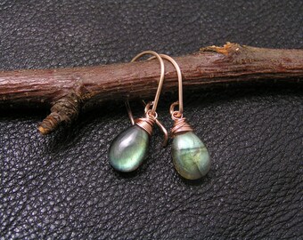 Rose Gold Earrings with Labradorite, Labradorite Jewelry, Wire Wrapped and Handmade, Gift for Girlfriend, E2112