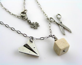 Rock Paper Scissors Necklace, Charm Jewelry, Geek Necklace, Paper Plane Charm, N1831