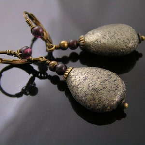 Pyrite and Garnet Earrings, Brass Jewelry, Pyrite Jewels, Handmade, Wire Wrapped, E2103 image 2