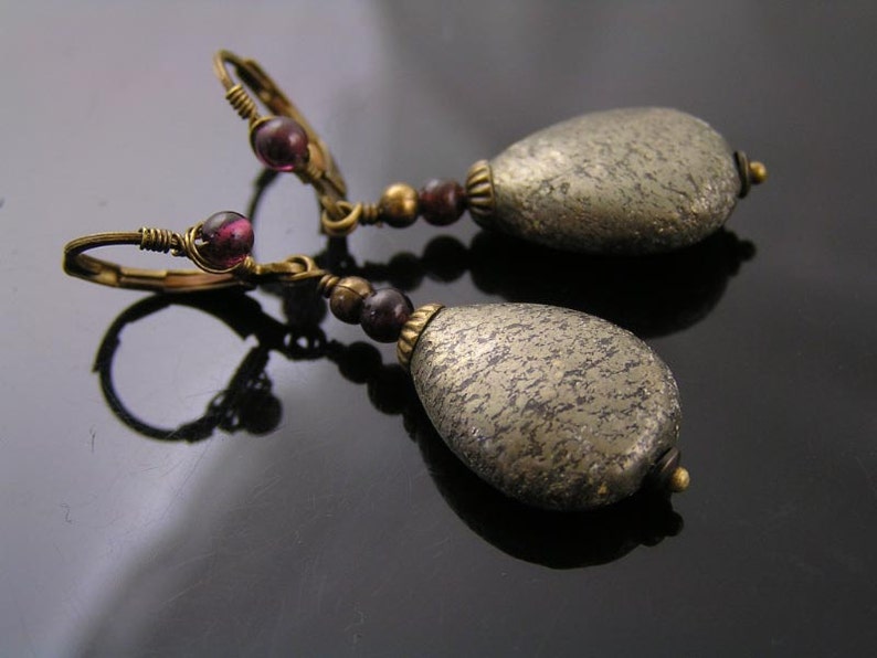 Pyrite and Garnet Earrings, Brass Jewelry, Pyrite Jewels, Handmade, Wire Wrapped, E2103 image 2