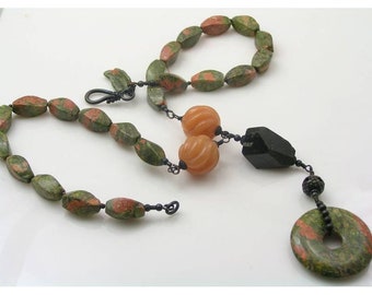 Unakite Necklace, Solid Copper, Boho, Peach Aventurine and Tourmaline, Bohemian Gemstone Jewelry, N462