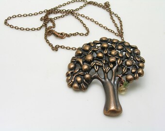 Copper Tree Necklace, Peridot and Citrine, Long Chain, Tree of Life Jewelry, Gift Idea, N1723a