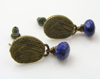 Lapis Lazuli Earrings, Wire Wrapped Stud Earrings, Lapis Lazuli Jewelry, Bronze Studs, Sodalite Earrings, Something Blue, E1984