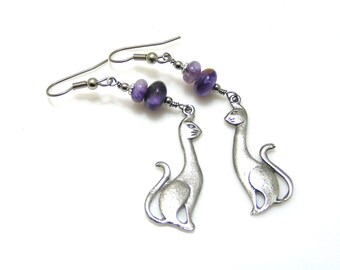 Charoite Earrings, Cat Charms, Purple Gemstone Dangle, Cat Lover Jewelry, E1908