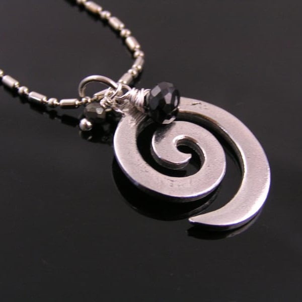Inspirational Spiral Necklace, Black Spinel and Pyrite Pendant, Black and Silver Jewelry, N1277