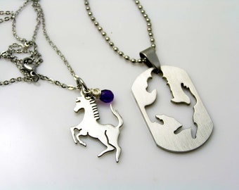 Matching Couple Necklaces for Horse Lovers, Stainless Steel, Friendship Jewelry with Horse Pendant and Amethyst, Dog Tag, N1409