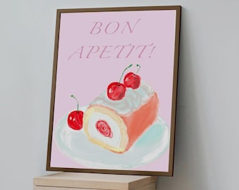 Cherry Tart Art Print: Decorative Picture for Kitchen | Gouache Illustrated Art