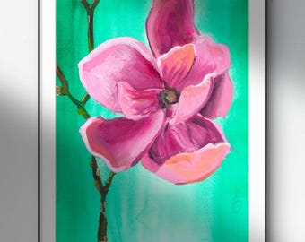 Vibrant Pink Flower Painting, Modern Botanical Wall Art, Green Background Print, Botanical Print, Floral Painting, Magnolia Drawing.