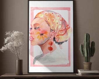 Watercolor portrait of a woman: Boho Style Home Decor
