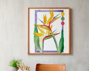 Bird of paradise painting, modern floral art, colorful botanical print, exotic flower watercolor, home decor, strelitzia.