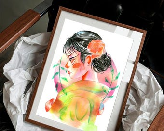Watercolor Portrait of a Japanese Woman: Illustration of a Girl in a Kimono, Anime Style Wall Decoration