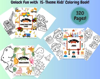 Pode incluir: Um conjunto de três livros para colorir com temas diferentes: carros de construção, dinossauros e empregos. Cada livro apresenta uma capa colorida com ilustrações do tema. O texto nas capas diz "Livro para colorir" e o tema do livro. Os livros são projetados para crianças e têm 320 páginas.