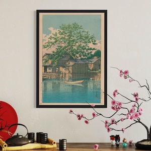 Cartel del bosque japonés vintage, arte en madera, parada de Kuriwatashi en Funabori por Kawase Hasui