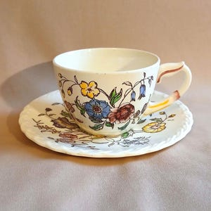 May include: A white teacup and saucer with a floral pattern in shades of blue, yellow, pink, and green. The floral design features a variety of flowers and leaves.