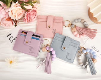 PersonalizedBirthday Flower Keychain Wallet With Wristlet Bangle Bracelet , Bangle Key Ring, Custom Name Purse, Personalized Gifts For Her